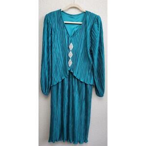 Green Blue Teal Pleated Material Beaded Rhinestone A Line Dress 16 Lightweight